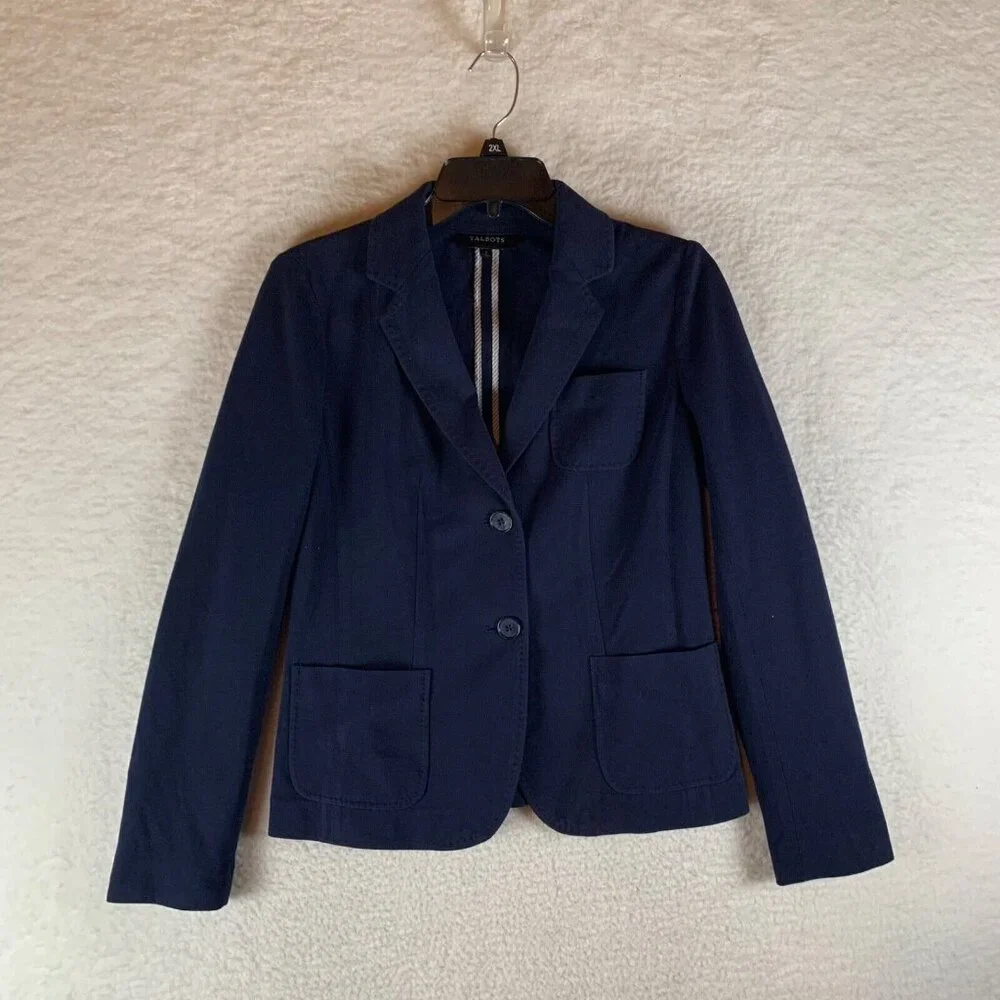 Talbots Women's 2-Button Blue Textured Cotton Casual Blazer‎ Jacket Size 4 9229